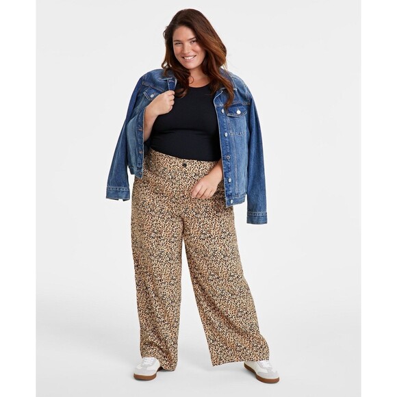 On 34th Women's Plus 2x Beige Leopard Animal Printed Wide-Leg Pants NWT. - Picture 1 of 13